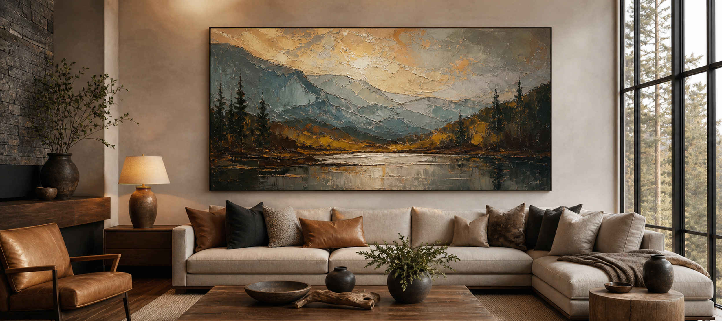 Oversized oil painting in a modern living room