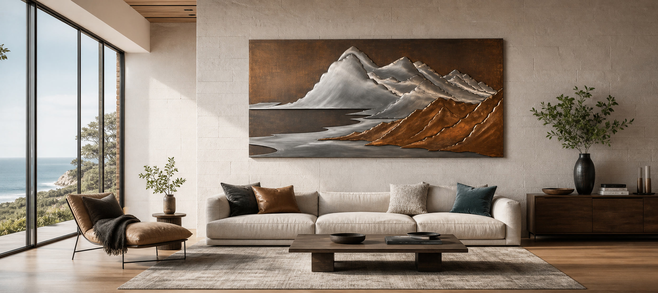 Dimensional metal wall art in a bright loft