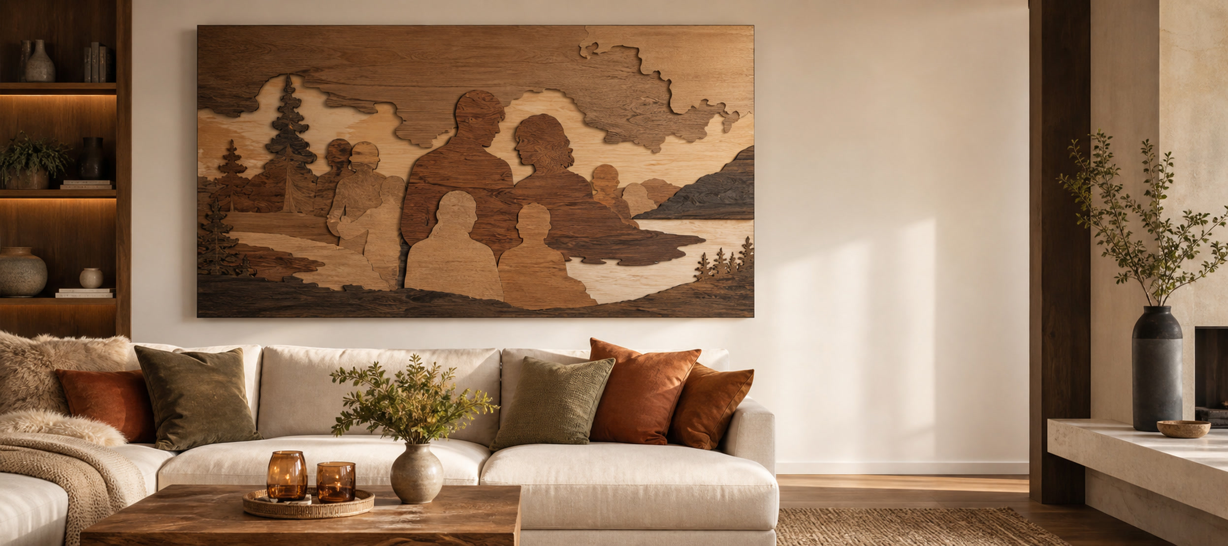 Personalized wooden wall art in a warm family room