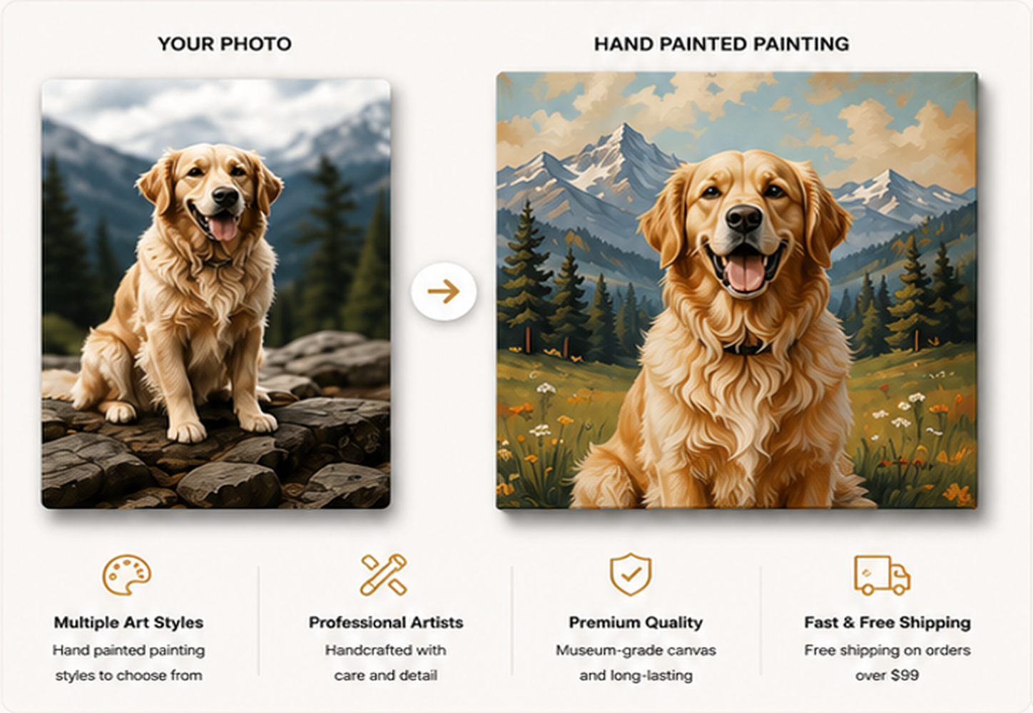 A golden retriever photo transformed into a hand painted mountain landscape, with service benefits